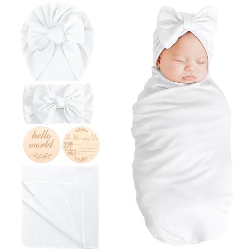 Image of DRESHOW BQUBO Baby Girl Newborn Receiving Blankets with Bow Hat Headband Wooden Birth Announcement Card Set Newborn Baby Swaddle Wrap Set Warm Shower Gift