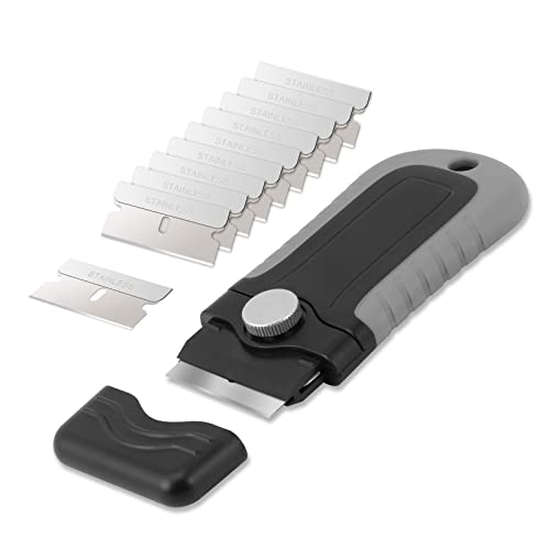 Image of Razor Blade Scraper Tool, Windows, Glass Stovetop Paint Scraper | 10PCS Stainless Steel Blades Bulit-in Blade Storage Container, Removing Paint, Adhesive, Stickers, Labels, Decal,Grease
