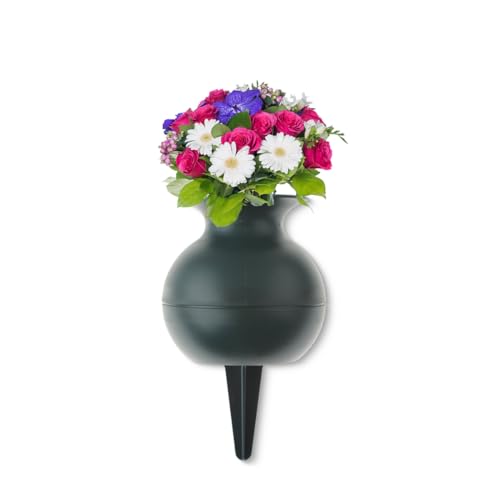 matches21 HOME & HOBBY Grabvase zum Stecken als frostsichere Grabdeko - Grüne Kugelform Friedhofs-Vase in 22 cm als wetterfester Kunststoff Grabschmuck - Erdspieß Blumenvase als schöne Steckvasen
