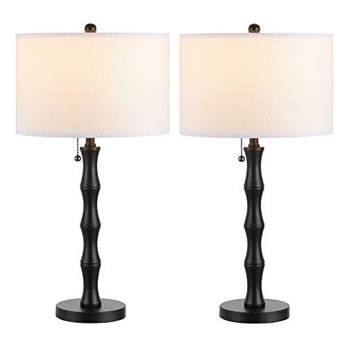 WINGBO 2 Pack Bamboo Table Lamp, Industrial Black Table Lamp Set of 2 with KD Fabric Shade Farmhouse Style Desk Lamp for Home Office, Bedroom, and Living Room
