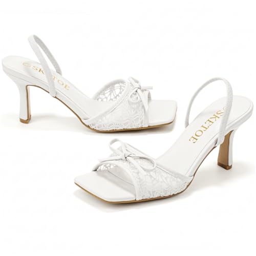 Image of Bow Kitten Heels for Women Square Toe Mesh Sandals Knots Heels for Wedding Party