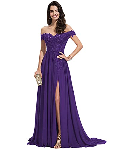 Off Shoulder Chiffon Prom Dress for Women Lace Applique Bridesmaid Dresses Long Wedding Guest Dress with Slit