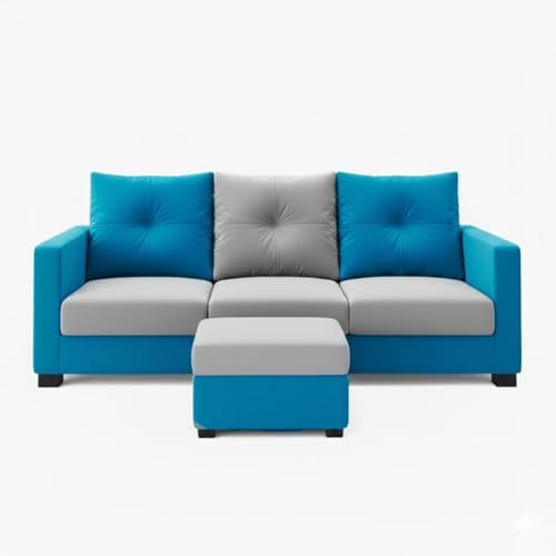 Image of FURNY Amonster 4 Seater L Shape Sofa Set with Movable Ottoman | Flexible Left or Right Layout | Plush Velvet Fabric (Aqua Blue-Light Grey) | Perfect for Living Room, Guest Room & Office