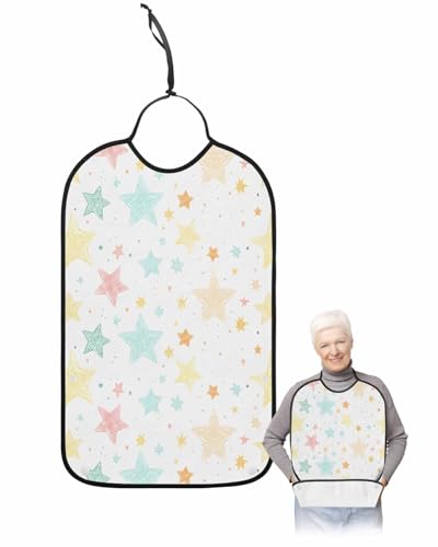 LEOKOTI Colorful Star Adult Bibs for Eating, Waterproof Bibs with Food Catcher & Adjustable Snap Closure, Watercolor Polka Dots Washable Clothing Protectors Adult Bibs for Elderly Women/Men