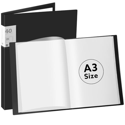 A3 Display Book Folder 40 Pocket Presentation Portfolio Folder with Clear Plastic Sleeve for Painting Artwork Portfolio (Black)