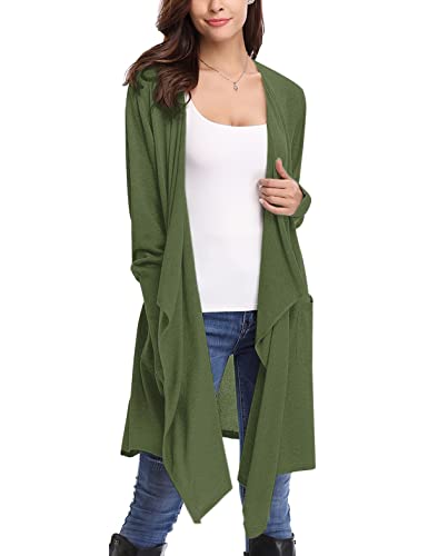 Irevial Wasserfall Strickjacke Damen Asymmetrisch Cardigan Langarm Leicht Strickmantel Open Front Outwear für Frühling und Sommer, Armeegrün, XL Cover
