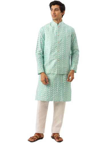 Image of SOJANYA (Since 1958 Men's Silk Blend Light Green Kurta & Nehrujacket with White Pyjama Combo