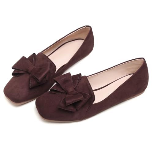 Hee grand Women's Suede Bow Flat Shoes Comfortable Square Toe Slip-On Ballet Flats for Women