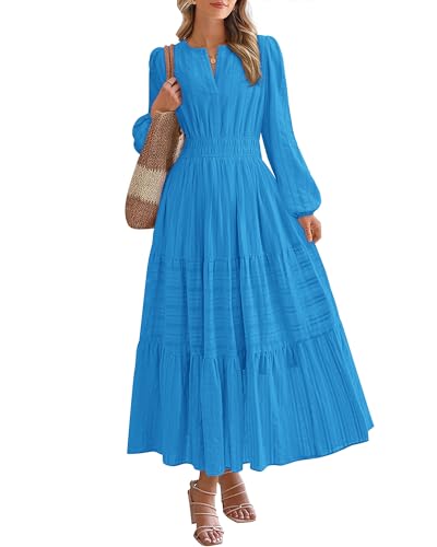 BTFBM Fall Dresses for Women 2025 Casual Long Sleeve V Neck Elastic Waist Lightweight Maxi Wedding Guest Dress Pockets(Brilliant Blue, Large)