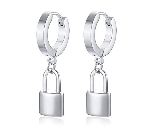 Stainless steel Padlock Charm Huggie Hoop Earrings Dainty Lock Dangle Earring for Women