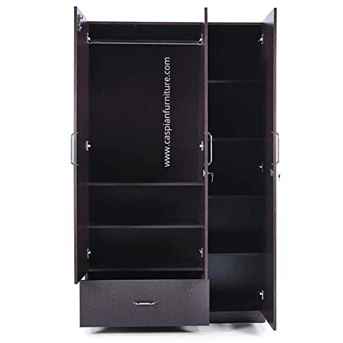 Image of CASPIAN Furniture 3 Door Wardobe with Hanging Space, Shelves and Drawer | 3 Door Wardrobe for Bedroom | 3 Door Wardrobe for Clothes | Wooden Wardrobe (Walnut Finish)