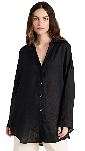 L*Space Rio Tunic for Women, Button Down Collared Shirt, Long Sleeve Top With Buttoned Cuffs, Beach Cover Up, 100% Linen, Black, XS/S