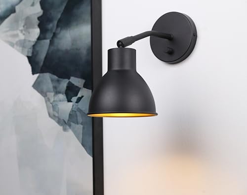 Image of Yosoan Set of 2 Black Vanity Reading Wall Sconce with On Off Switch | Brass Vintage Industrial with 340 Degree Angle Wall Mount Lamp 5.7 inch Bowl Metal Shade Bedside Bunk