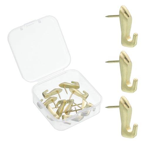 Image of uxcell 10 Pcs Push Pin Picture Hooks, Zinc Alloy Picture Hanging Nails Thumb Tacks Hanging Hooks with Nails for Wall Wooden Board, Gold