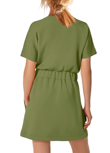 Image of SENSERISE Womens Short Sleeve T Shirt Dresses Crew Neck Solid Color Basic Smocked Waist Dress with Pockets