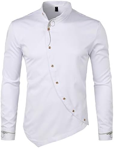ZEROYAA Mens Hipster Irregular Hem Slim Fit Long Sleeve Mandarin Collar Dress Shirts with Embroidery ZHCL51-White X-Large