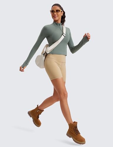 Image of CRZ YOGA Butterluxe Half Zip Crop Top | Workout, Extremely Soft, Slim Fit, Thumbholes, Side Pocket, Long Sleeve Shirts for Women