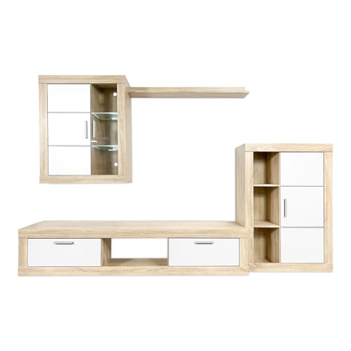 amuéblate Online - Mueble de Salón Moderno con Leds, Módulos de Comedor, Modelo Apolo, Acabado en Blanco y Cambria, Medidas: 259 cm (Ancho) x 132,5 cm (Alto) 40 cm (Fondo)