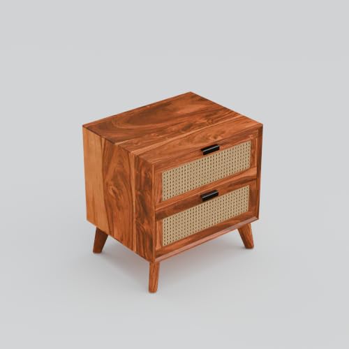 Image of Solid Sheesham Wood Bedside Table with 2 Cane Rattan Drawers | Wooden Nightstand with Spacious Storage (Honey Finish)