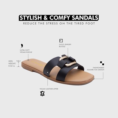 Herstyle Women’s Flat Sandals 2025 – Square Open Toe Fashion Casual Slides with Metal Chain, Memory Foam Footbed Insole, Slip-On Dressy Sandals for Summer2