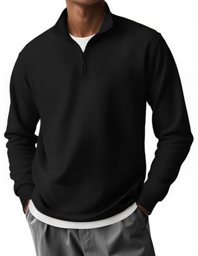 COOFANDY 1/4 Zip Pullover Mens Casual Half Zip Polo Shirt Classic Mock Neck Sweaters Long Sleeve Fashion 3/4 Zip Sweatshirts Black