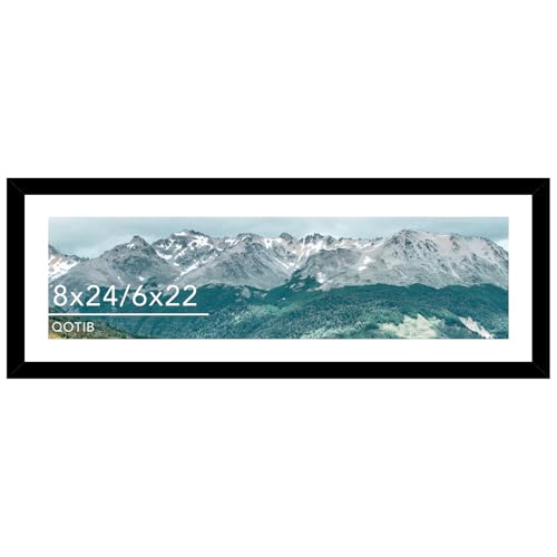 QOTIB Wood 8x24 Picture Frame with 6x22 Mat Black, Display 6x22 with Mat or 8x24 Without Mat, Wood 8 by 24 Photo Frame, 8 x 24 Frame for Wall Hanging Display, Black