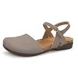 PARTY Closed Toe Sandals Women, Barefoot Arch Support Flat Sandals for Office Work and Travel with Comfortable Cork Footbed,TAUPE,8