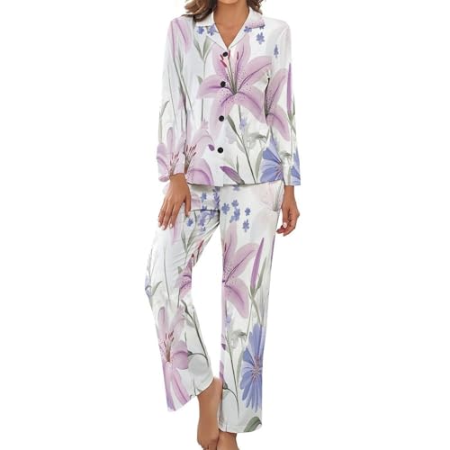 Pyjama pour femme 2 pièces en grande taille avec motif lys et lavande