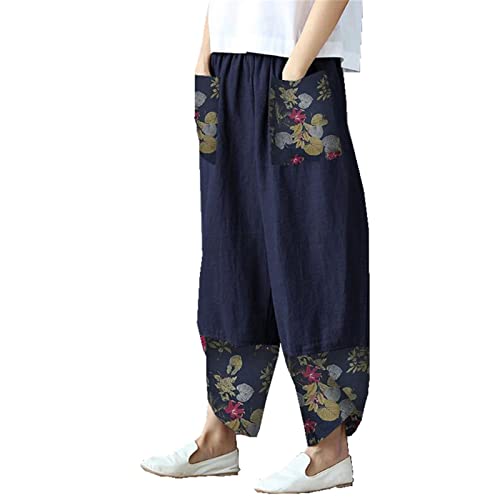 Maiyifu-GJ Women's Patchwork Linen Wide Leg Pants Elastic Waist Casual Capri Harem Trousers Loose Tapered Lounge Baggy Pant (Dark Blue 2,5X-Large)