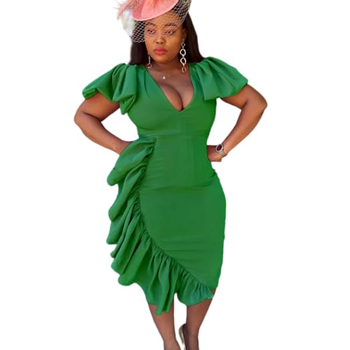 Kreeqe Elegantes Etuikleid mit V-Ausschnitt, hoher Taille, mittellang, Kurze Ärmel, asymmetrisches Design, Übergröße (grün, XXL)