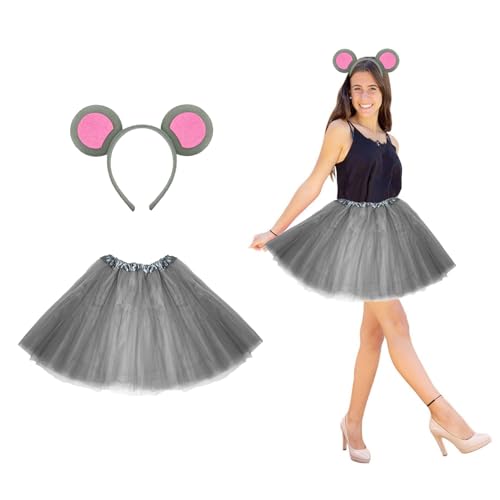 Oblique Unique Damen Mauskostüm Set - Haarreif mit Maus Ohren & Tütü Rock Grau Rosa - Fasching Karneval Kostüm in Einheitsgröße - niedliches Damen Mouse Kostüm für Motto Party