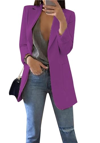 ZICUE Frauen Business Regular Fit Blazer Solid Color Open Front Business Jacke Bürobekleidung Arbeitskleidung Mit Taschen Lila S