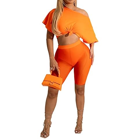 Women 2 Piece Outfits Sets Shorts Sexy Summer Solid Short Sleeve Crop Top and Bodycon Sheer Mesh Pants Set, Orange, S Cover