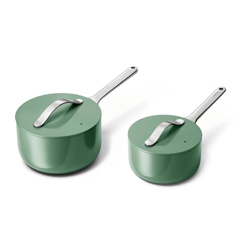 Image of Caraway Nonstick Ceramic Sauce Pans with Lids (3 qt & 1.75 qt) - Non Toxic, PTFE & PFOA Free - Oven Safe & Compatible with All Stovetops (Gas, Electric & Induction) - Sage