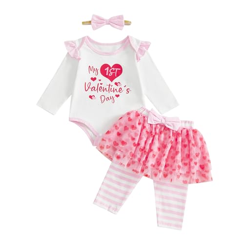 BeQeuewll Baby Girl First Valentines Outfit Newborn Heart Romper +Tutu Skirt Leggings+Headband 3Pcs Infant Spring Outfits (1st valentines 12-18M)