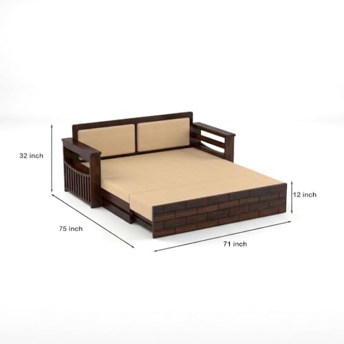 Image of Sheesham Wooden 3 Seater Sofa Cum Bed with Storage - Modern Daybed with Upholstered Backrest | Living Room Convertible Sofa Bed - Wooden Sofa Cum Bed with Mattress (Design 4)