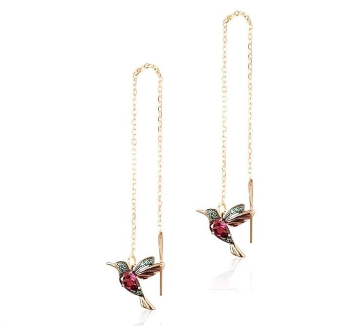 Delicate Flying Bird Needle Threader Earrings – Hummingbird Cubic Zirconia Long Tassel Drop Earrings – Rhinestone Bird Dangle Earrings for Women & Girls