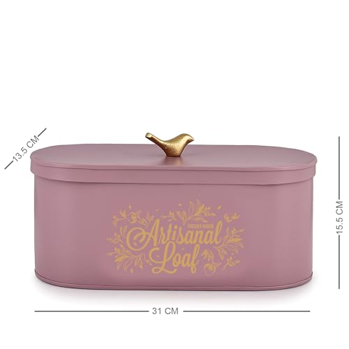 Image of Elan Gingham and Blooms Bread Box with Tweet Bird Knob, Food-Grade Storage for Bread and Bakery Storage Container (Mauve)
