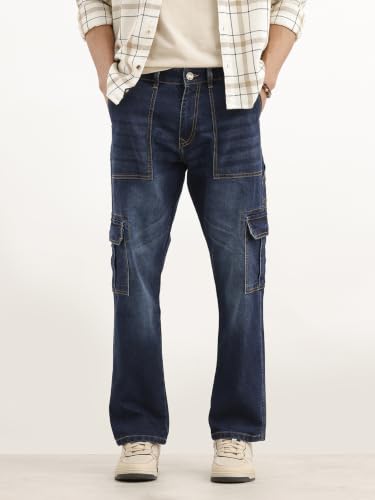 Image of WROGN Men's Cotton Stretch Cargo Jeans | Solid | Straight Fit