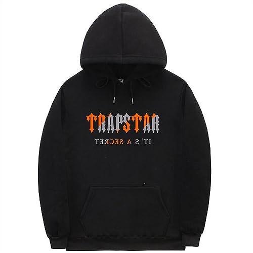 Mode män kvinnor bokstaven trapstar hoodie tryckt sport sweatshirt fleece lös hoodie sweatshirt for vår, höst och vinter (Color : Black, Size : XL)