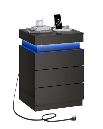 WLIVE Black Nightstand with Charging Station & LED Lights Modern Night Stand with 3 Drawers and Sliding Top Bedside Table End Table with Hidden Space for Bedroom Living Room Black
