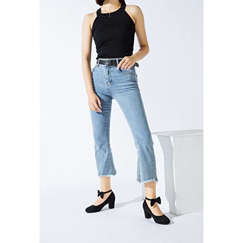 Women's Ankle Strap Heels Removable Bow Closed Toe Low Chunky Heels Pumps Mary Jane Dress Shoes4