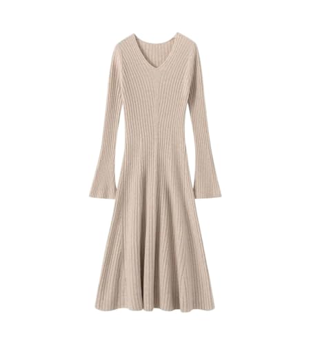 Women’s Pullover Dress Autumn Winter V-Neck Slim Fit Knee-Length Knit