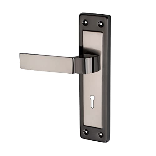 AFON 8 inches Mortise Iron Handle Set with Lock Body | Black Silver Finish | 3 Keys | 6 Lever 70 mm Double Turn Bullet Lock Set for Door, (MH-PC346-KY-BS)