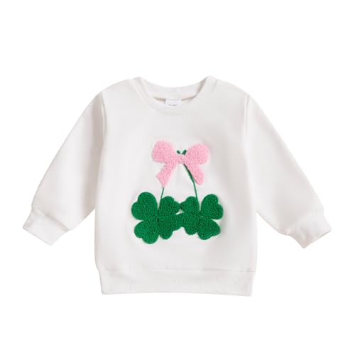 YILEEGOO Bambino Bambino Ragazza St Patricks Day Outfit Lucky Charm Quadrifoglio Ricamo Girocollo Felpa Manica Lunga Irlandese Pullover Camicie Top, Fiocco Trifoglio Bianco, 2-3 Years