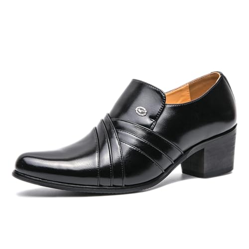 Men's Leather Pointed Toe Block Heels Slip-on Oxford Shoes Comfort Medium Chunky Heels Retro Low Top Dress Prom Shoes for Wedding Business Work Dating (Black,8.5)