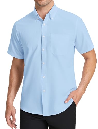 HISDERN Camisa Oxford Hombre Manga Corta Azul Claro Formales con Bolsillo Camisas Vestir Verano de Trabajo Hombre Ajuste Regular