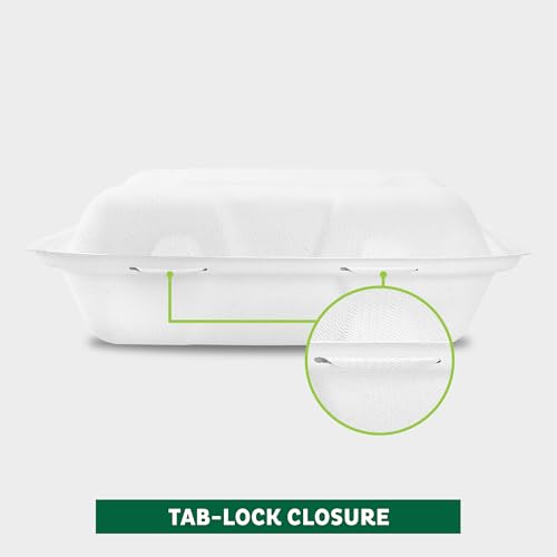 Image of Freshware Clamshell Food Containers with Lids [6x6 inch 100-Pack] Disposable To Go Containers, Biodegradable Sugarcane To Go Boxes - Paper Container - Microwave & Freezer Safe, Stackable