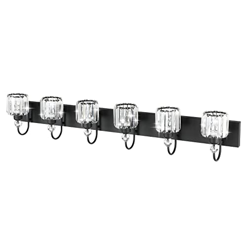 Image of Ralbay Modern 6-Light Black Crystal Vanity Lights for Bathroom - Matte Black Crystal Wall Light Fixtures