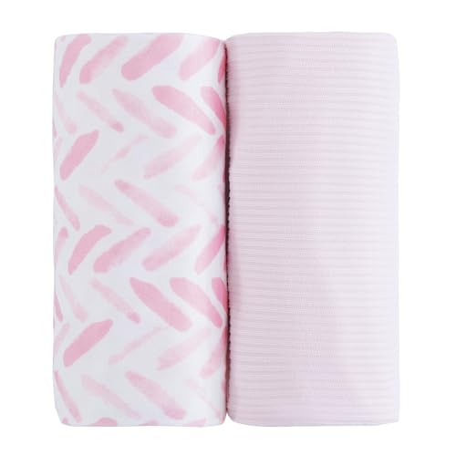 Image of Viviland Jersey Swaddle Blanket, Ultra Soft Stretchy Receiving Blanket, Baby Girl Newborn Rainbow Swaddle Wrap, 40 x 30 inches, 2 Pcs, Pink Leaf